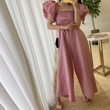 Puff sleeve gather rompers♡