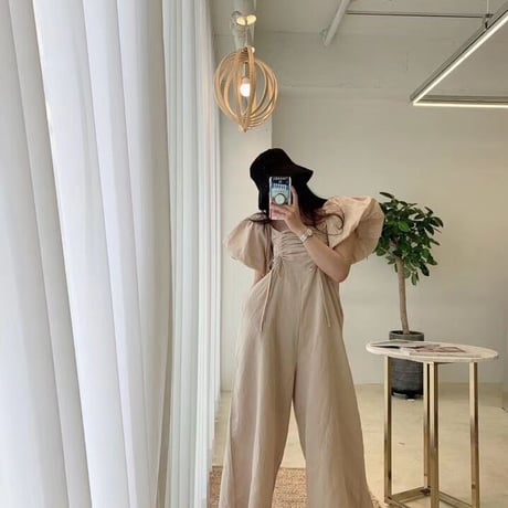 Puff sleeve gather rompers♡
