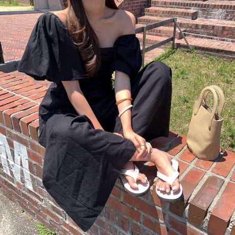 Puff sleeve gather rompers♡