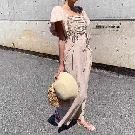 Puff sleeve gather rompers♡