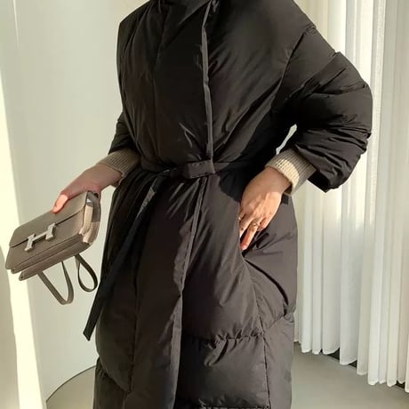 Long Wrap-Style Down Coat