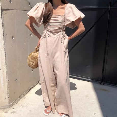 Puff sleeve gather rompers♡