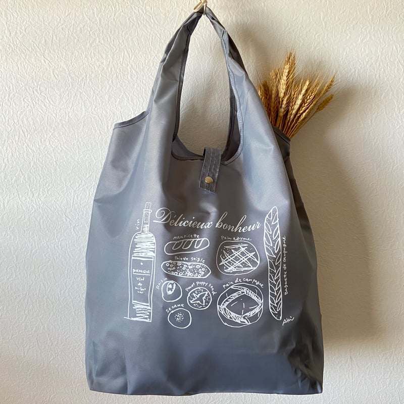パン柄 ＊【エコバッグ】(折りたたみ）グレー（L) | Aki's STORE