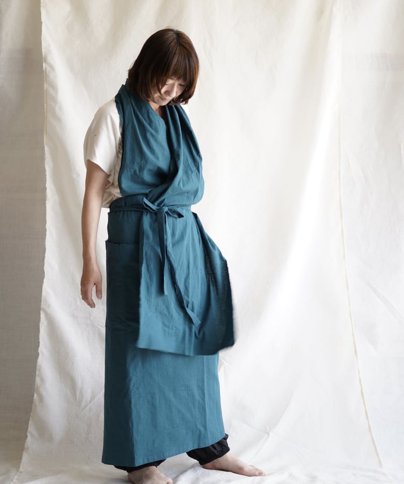 レア品　Little Eagle オリジナルのサロンエプロンターコイズグリーン cotton linen KIMONO salon TURQUOISE GREEN | Lit