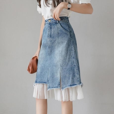 韓国風　デザイン切替　デニムスカート