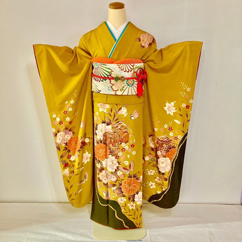 振袖】F-15 黄土色(貝桶と花) | 髪結・レンタル着物 ヘアセットCOCO