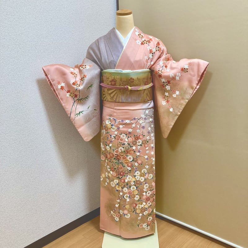 訪問着】H-15 ピンク〜グレー（枝垂れ梅に菊） | 髪結・レンタル着物
