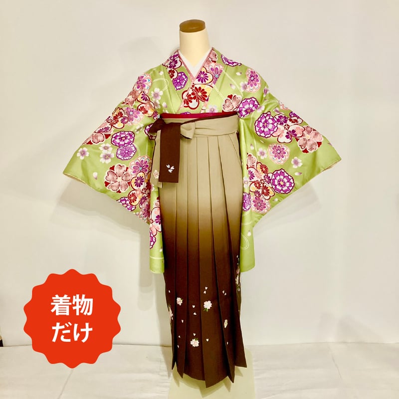 二尺袖（着物だけ）】N-9 黄緑 花尽くし | 髪結・レンタル着物 ヘア