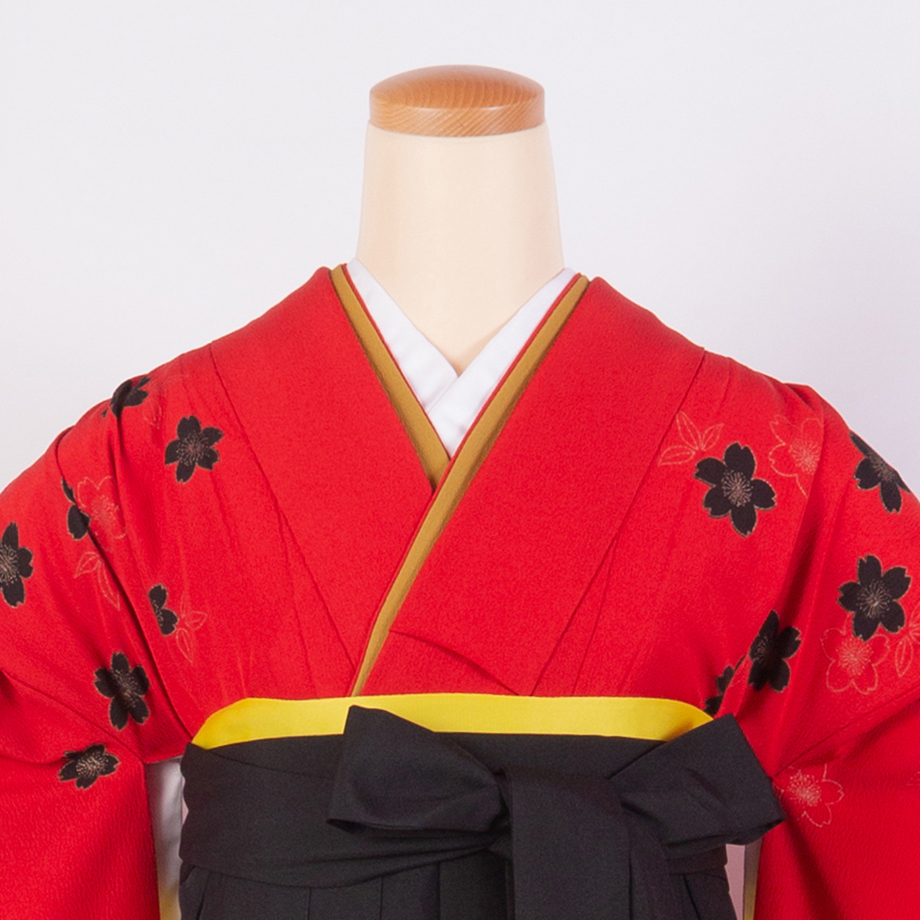 二尺袖（着物だけ）】N-3 赤 黒桜 | 髪結・レンタル着物 ヘアセットCOCO