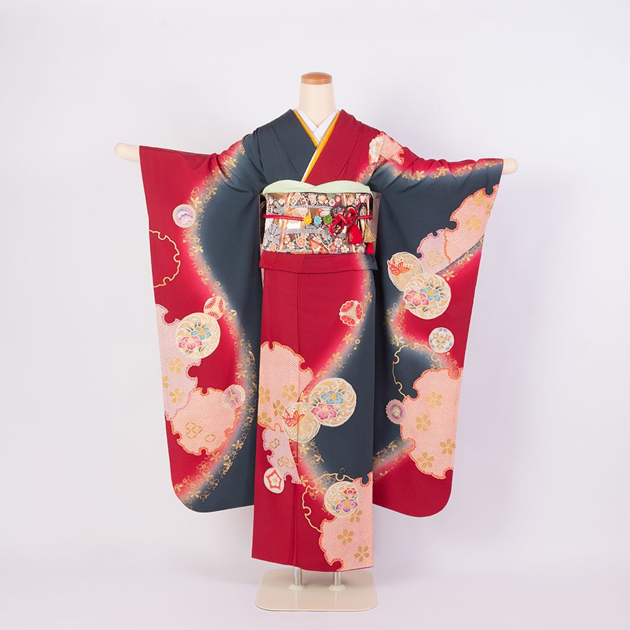 振袖フルセット　‼️ マリリン❗️ 振袖】F-10 青味赤～群青 (雪輪に花丸文) | 髪結・レンタル着物