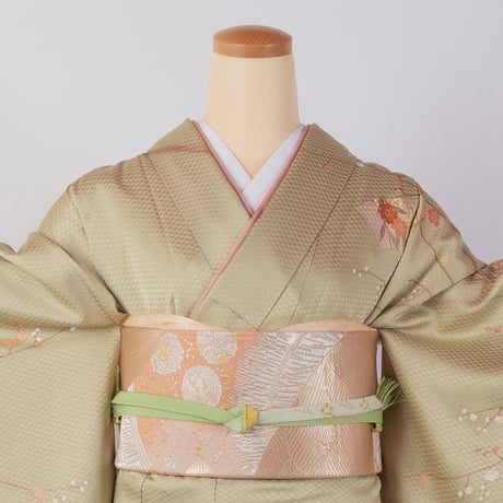 【訪問着】H-7　淡抹茶　(枝梅に扇面)