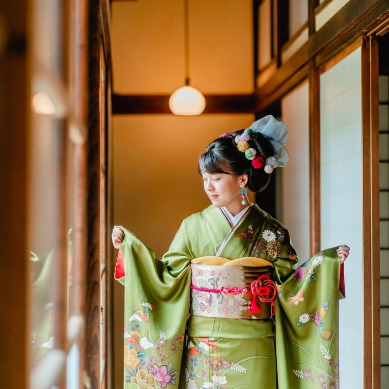 振袖】F-18 抹茶(疋田草花) | 髪結・レンタル着物 ヘアセットCOCO