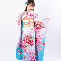 【振袖】F-8 　水色ぼかし　(花束に毬)