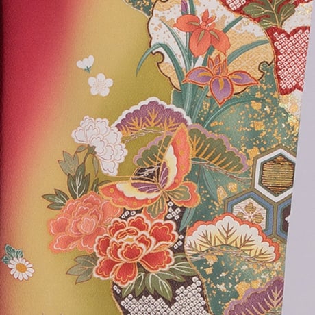 【振袖】F-1　えんじ　(疋田流れに花と蝶)