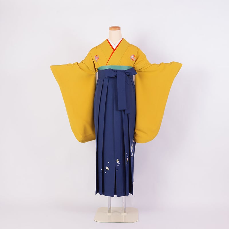 二尺袖+袴】 S-7 からし 花紋/紺小桜 | 髪結・レンタル着物 二尺袖+袴】 S-7 からし 花紋/紺小桜 | 髪結・レンタル着物