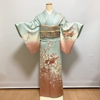 【訪問着】H-19 ブルー〜ピンク（扇面に牡丹）
