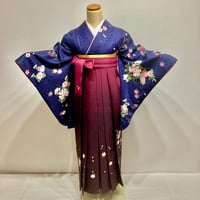 【二尺袖＋袴】 S-11 　紺紫　牡丹に梅と菊／ワイングラデーション　桜刺繍