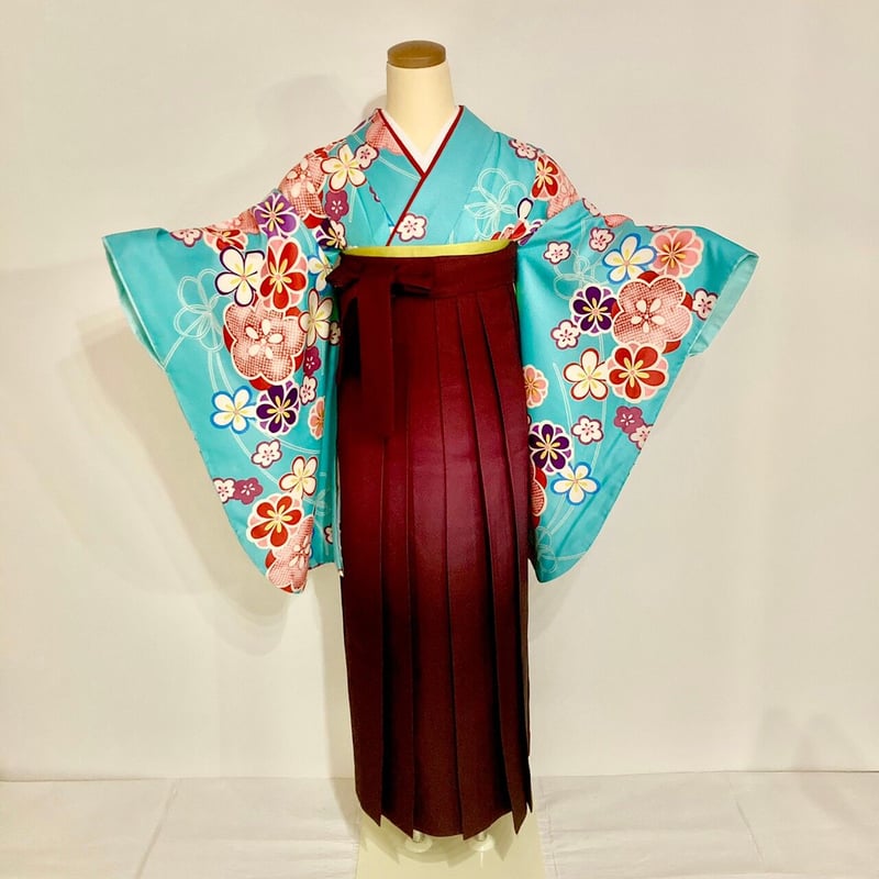 袴　グラデーションデザイン 花柄装飾 二尺袖＋袴】 S-10 水色 花尽くし／えんじグラデーション | 髪結