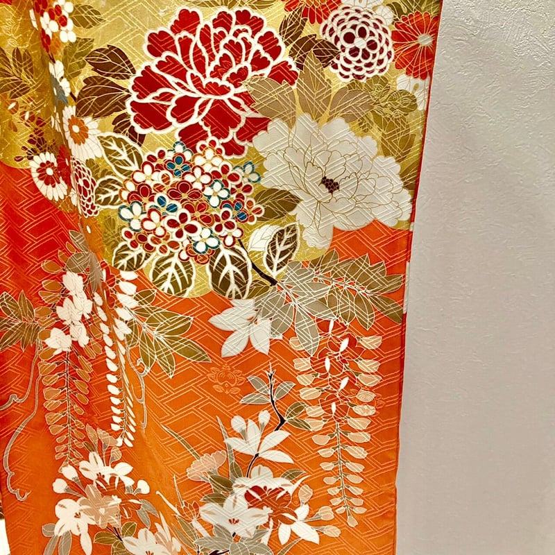 振袖】F-16 オレンジ(朱地に白花) | 髪結・レンタル着物 ヘア