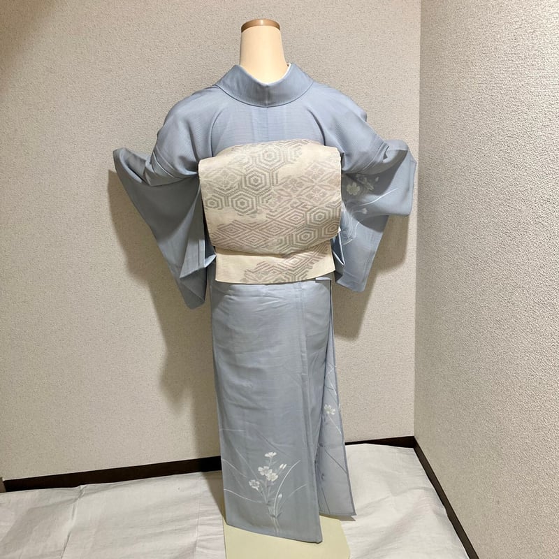 D312 夏着物　訪問着　グレー　千鳥　絽　正絹　極美品 訪問着 絽7・8月】夏-6 ブルーグレー | 髪結・レンタル着物 ヘア
