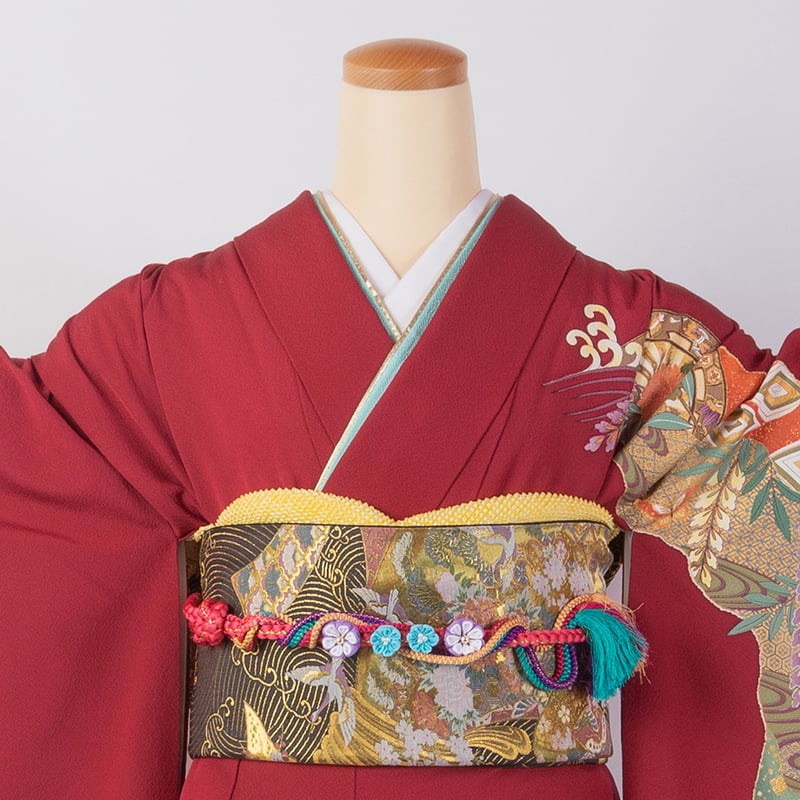 163センチ⭐︎自力で着れるえんじ色系振袖と作り帯とファー髪飾りのセット