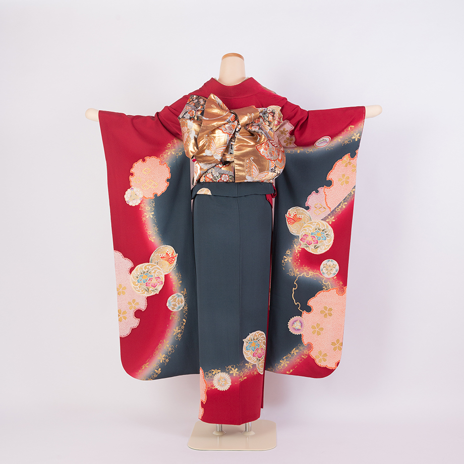 美品　振袖　色無地　花丸紋(飾り紋)入　縮緬　小田急誂え　伊達衿付き 赤色系 美品 振袖 色無地 花丸紋(飾り紋)入 縮緬 小田急誂え 伊達衿