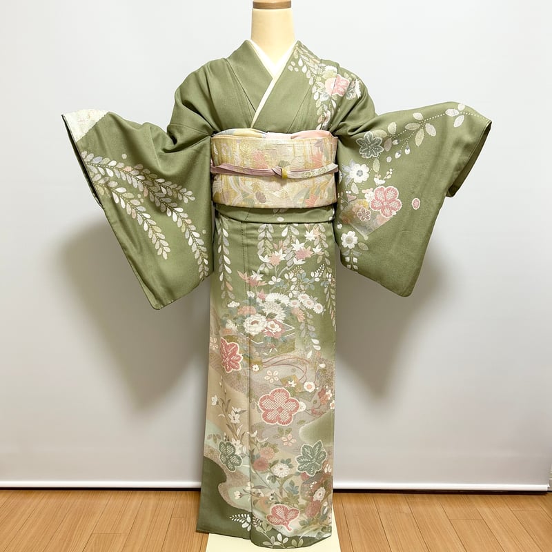 訪問着】H-31 よもぎ色（檜扇に花手箱） | 髪結・レンタル着物