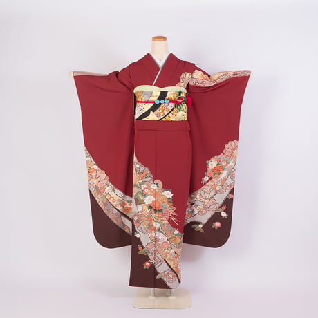 【振袖】F-11　えんじ～茶　(疋田帯に花鼓)