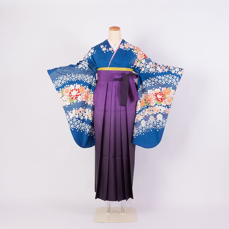 二尺袖＋袴】 S-2 ライトブルー 花尽くし/紫ぼかし | 髪結・レンタル