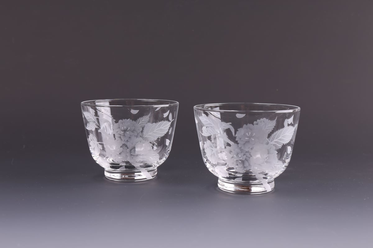 ジャンク品 ガラス 工芸品 詳細不明 冷茶（ペア）】サンドブラストボカシ段彫りによるガラス工芸作品