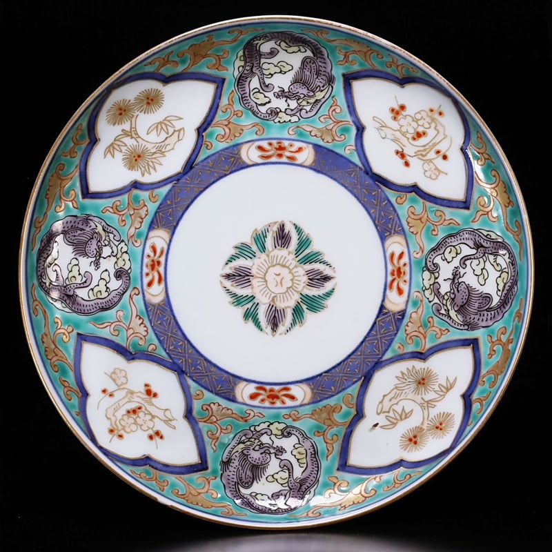 古伊万里　色絵　団龍紋に宝珠　花の図　７寸皿　２枚　珍品　C544AS-BOb 古伊万里 色絵 団龍紋に宝珠と花図7寸皿 2枚セット