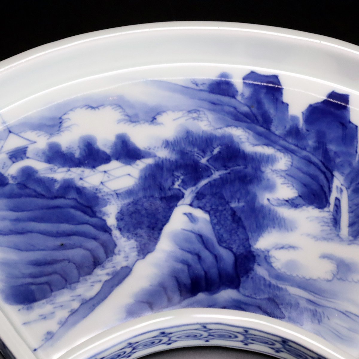 平戸焼　青花　染付山水文　小皿　四客　C　4748 平戸焼青花染付山水文小皿四客C4748