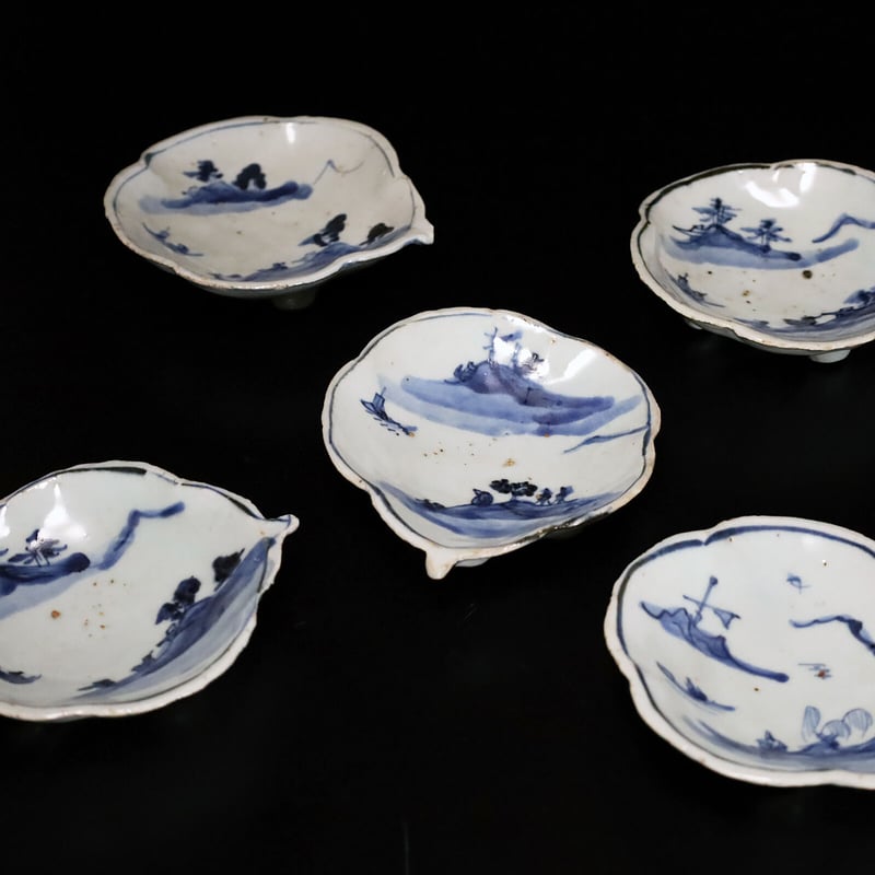 明 古染付風景文蓮花形向付 五客揃 | LYAN ARTS' Collection onli