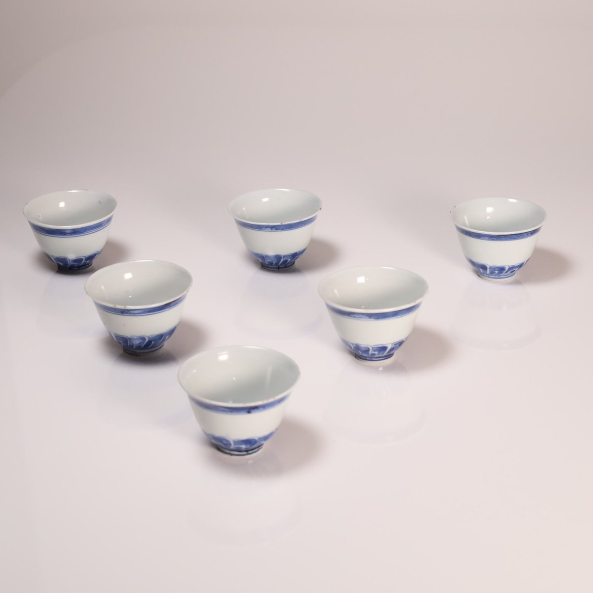 古染付 草花絵 なずな手 煎茶碗 ５客 中国古玩【煎茶道具】v61 -