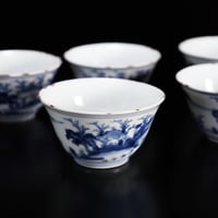 古染　三足付　末広向付　山水人物紋　送料込み250214 天啓古染付 山水図半開扇向付十客揃 明末 - 夜噺骨董談義