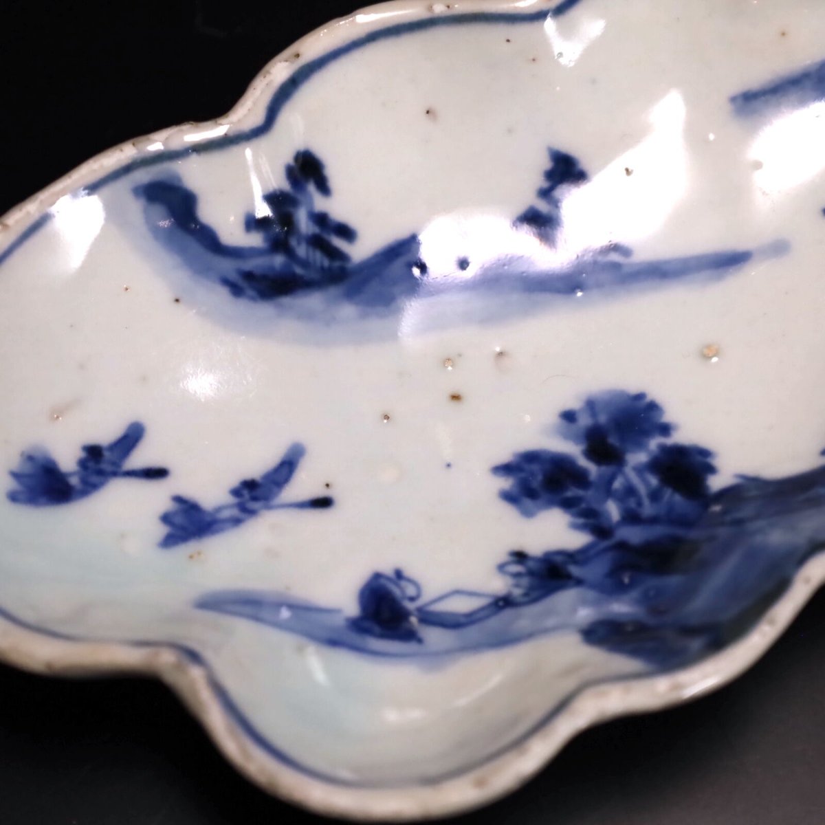 和食器 古染付 山水人物文 末広向付 五客 在銘 共箱 V 7503A 和