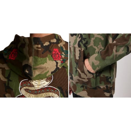 HUF ハフ Ambush アンブッシュ 迷彩 プルオーバー パーカー Camo カモフラージュ 蛇柄 コブラ 刺しゅう バラ