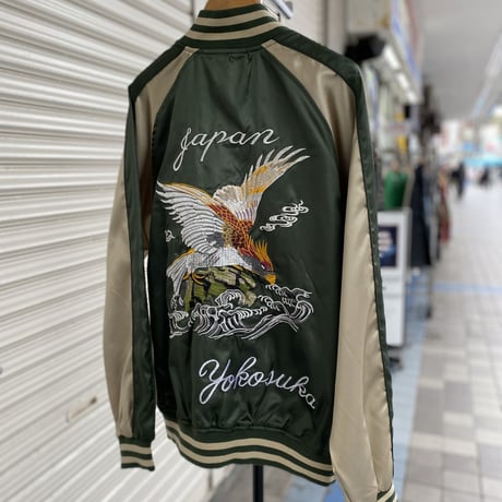 横須賀発祥 スカジャン Yokosuka刺繍入り SUKAJAN 鷹 Eagle 内ポケットあり サテン地 緑 (SKJ58)