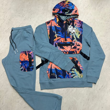 米国発 Civilized シヴィライズド スウェットセットアップ 着脱可能ベスト付き 3点セット Palm Tree Lt.Blue (SET19)