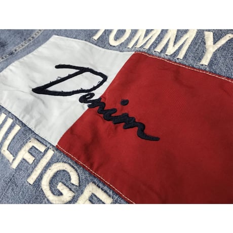海外限定モデル TOMMY HILFIGER トミーヒルフィガー  厚手 ボア デニムジャケット Gジャン フード付 ビッグシルエット ビンテージ加工