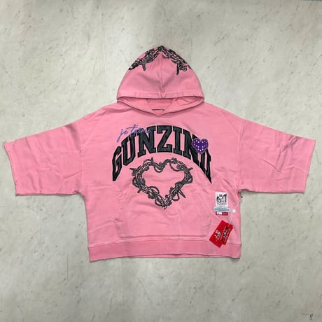 米国シカゴ発 Gunzinii ガンジーニ Cropped Hoodie クロップ丈 スウェット半袖パーカー ピンク (CropT56)