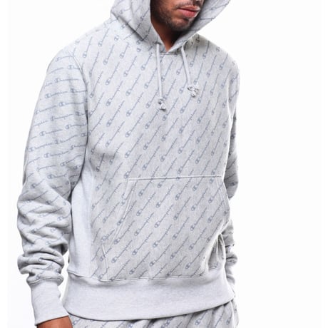 日本未発売 Champion USA チャンピオン 総柄 リバースウィーブ スウェット プルオーバー パーカー GREY