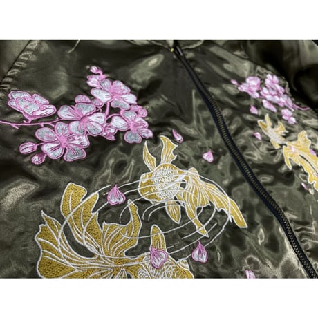 総刺繍 リバーシブル 横須賀発祥 スカジャン 横須賀ジャンパー SUKAJAN サテン 龍 ドラゴン 金魚 カーキ