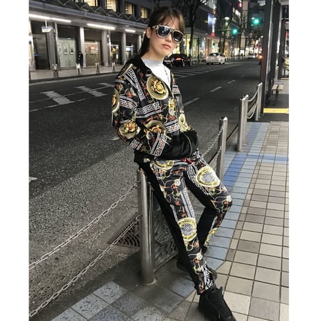 USA製 Brooklyn Crossing ベロア 総柄 セットアップ Men's ジップアップパーカー 黒
