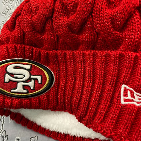 NEWERA ニューエラ NFL サンフランシスコ SF 49ers 赤 ニット帽 ポンポン付 ニットキャップ 金ラメ