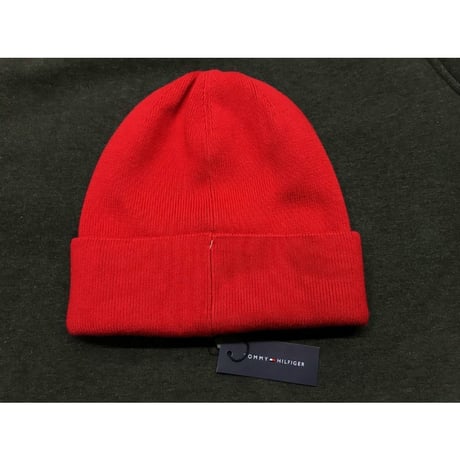 海外限定 トミーヒルフィガー TOMMY HILFIGER ニットキャップ 厚手 コットン100％ 赤 フラッグ刺繍