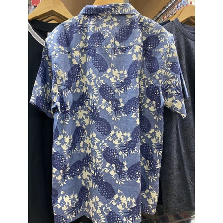 【特別SALE価格】ROBINSON 開襟 アロハシャツ ALOHA 青 パイナップル フラワープリント P03