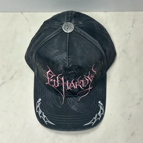 USA仕様 Ed Hardy エドハーディ Cyber Logo Satin 刺繍 メッシュ トラッカーキャップ ウォッシュグレー (EDC12)
