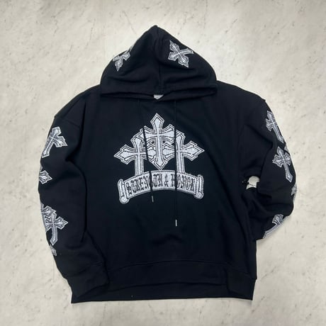 米国ブランド FWRD Denim NY クリスタル テンプル 十字架 パーカ Crystalized Templar 黒 (Hdy101)
