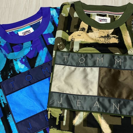 USAモデル TOMMY HILFIGER  TJ総柄 カラーブロック Tシャツ ミリタリーカラー (R4F-22)